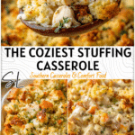 Casserole dish filled with creamy Chicken And Stove Top Stuffing Casserole topped with golden stuffing.